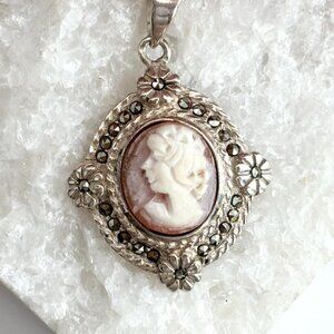 Genuine Cameo Shell Marcasite Sterling Silver 925 Vintage Pendant Necklace - 20"
